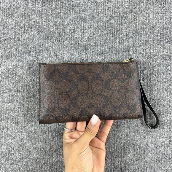 Coach Tech Phone Wallet Signature Canvas Brown Leather Wristlet Card Case - Picture 4 of 11